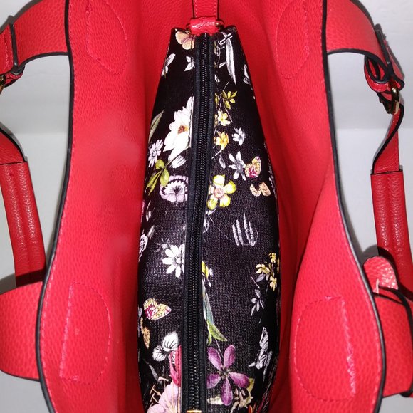 Black Floral Vegan Carry Tote Shoulder Bag 2 PC. - Picture 3 of 16